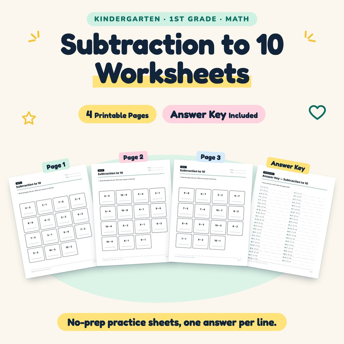 Subtraction to 10 Worksheets | K–1st Grade Math (4 Pages) — cover