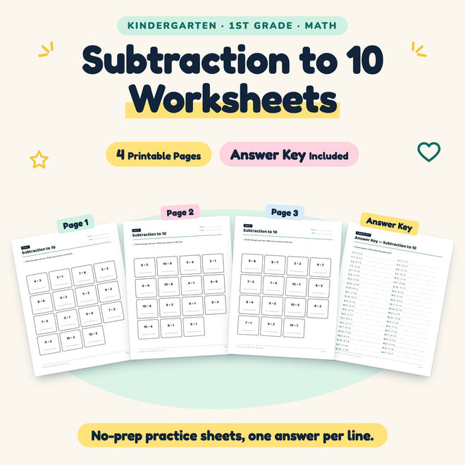 Subtraction to 10 Worksheets | K–1st Grade Math (4 Pages) — cover