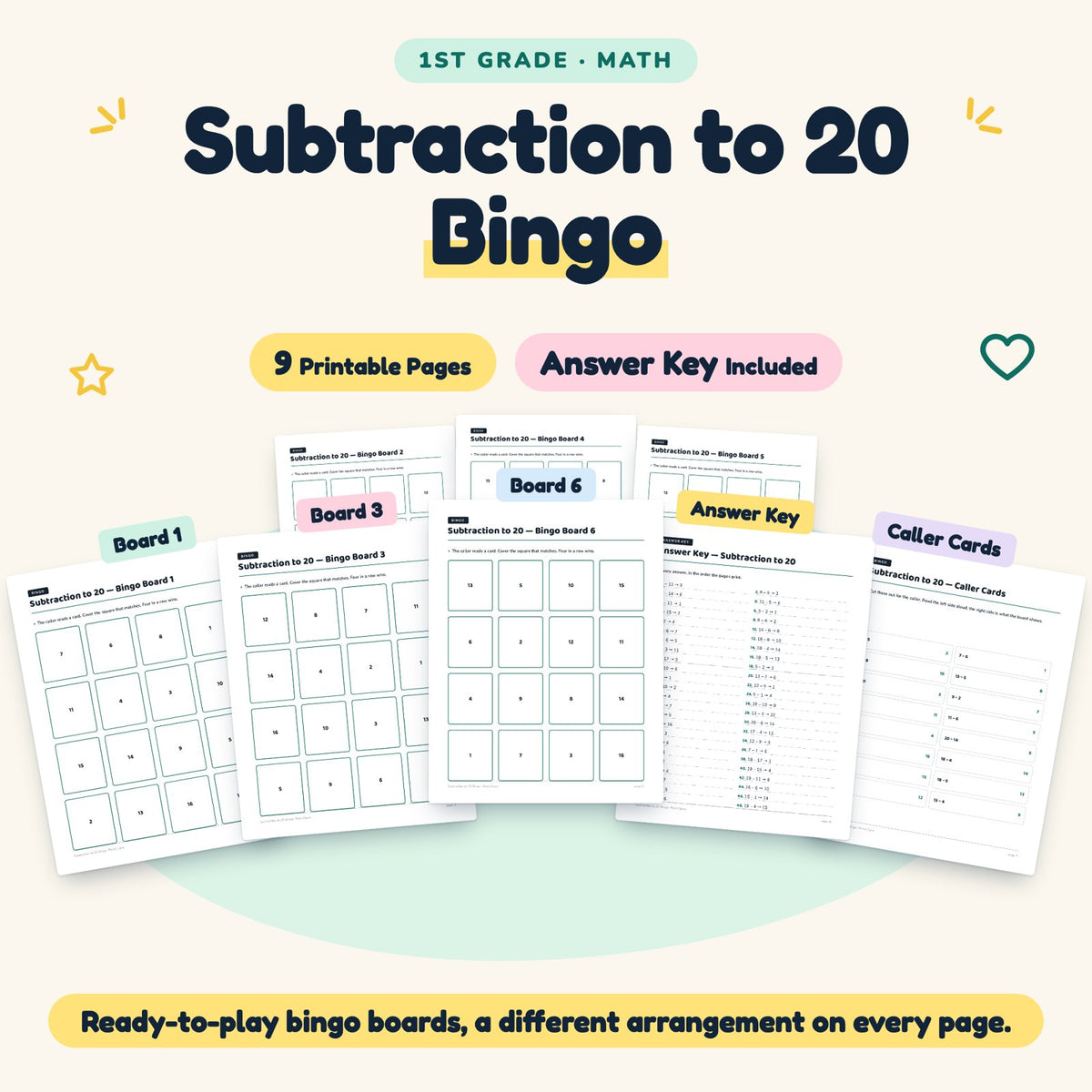 Subtraction to 20 Bingo | 1st Grade Math (9 Pages) — cover