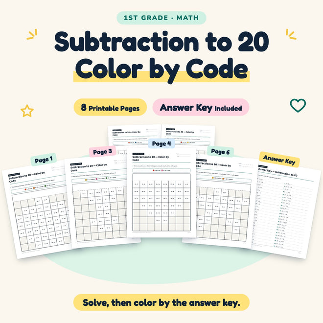 Subtraction to 20 Color by Code | 1st Grade Math (8 Pages) — cover