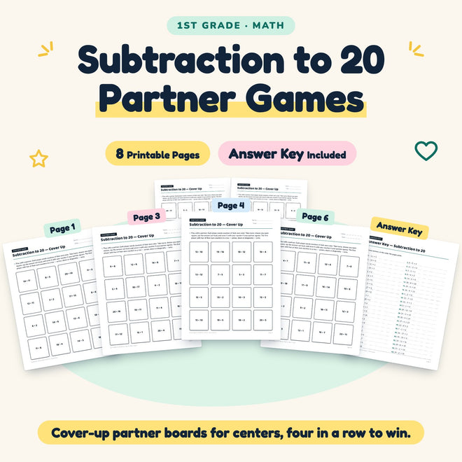 Subtraction to 20 Partner Games | 1st Grade Math (8 Pages) — cover