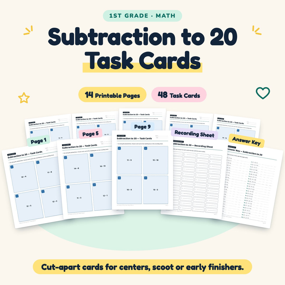 Subtraction to 20 Task Cards | 1st Grade Math (48 Cards) — cover