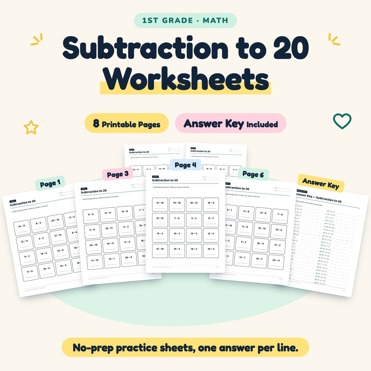 Subtraction to 20 Worksheets | 1st Grade Math (8 Pages) — cover