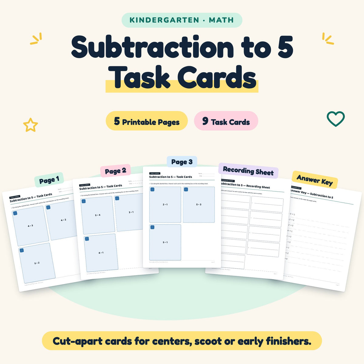 Subtraction to 5 Task Cards | Kindergarten Math (9 Cards) — cover