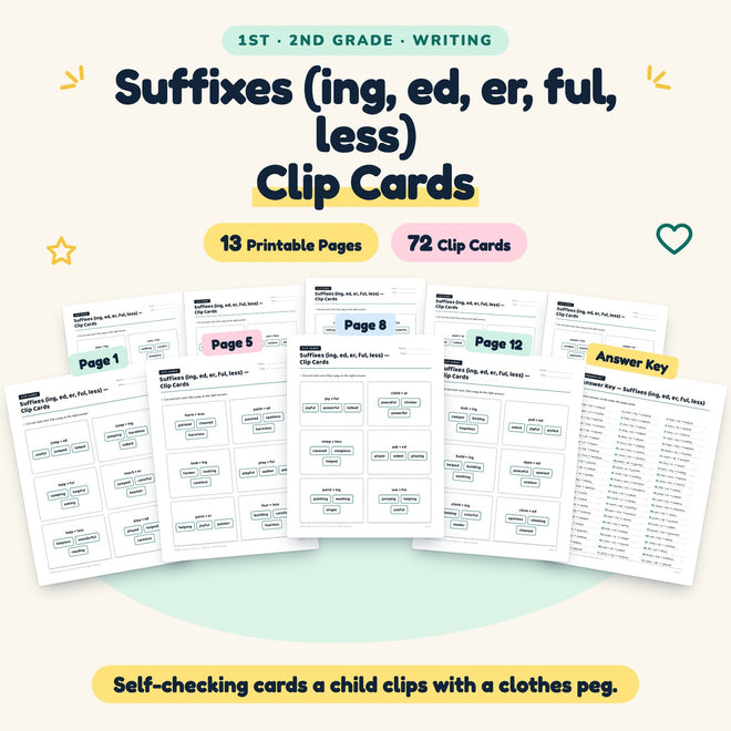 Suffixes Clip Cards | 1st–2nd Grade Grammar (20 Cards) — cover