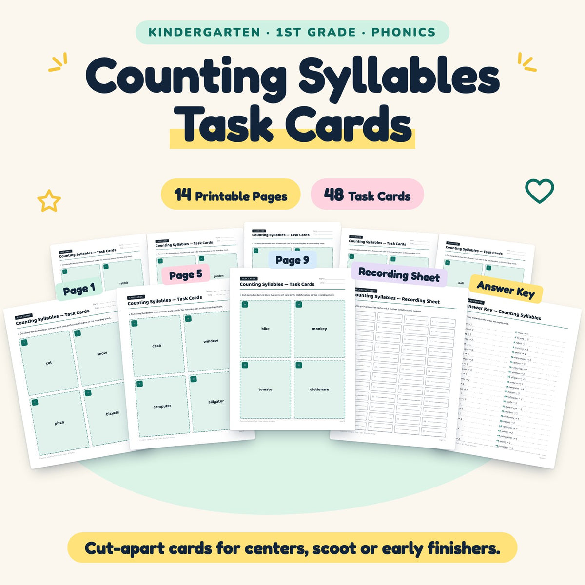 Counting Syllables Task Cards | K–1st Grade (28 Cards) — cover