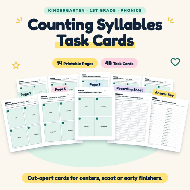 Counting Syllables Task Cards | K–1st Grade (28 Cards) — cover