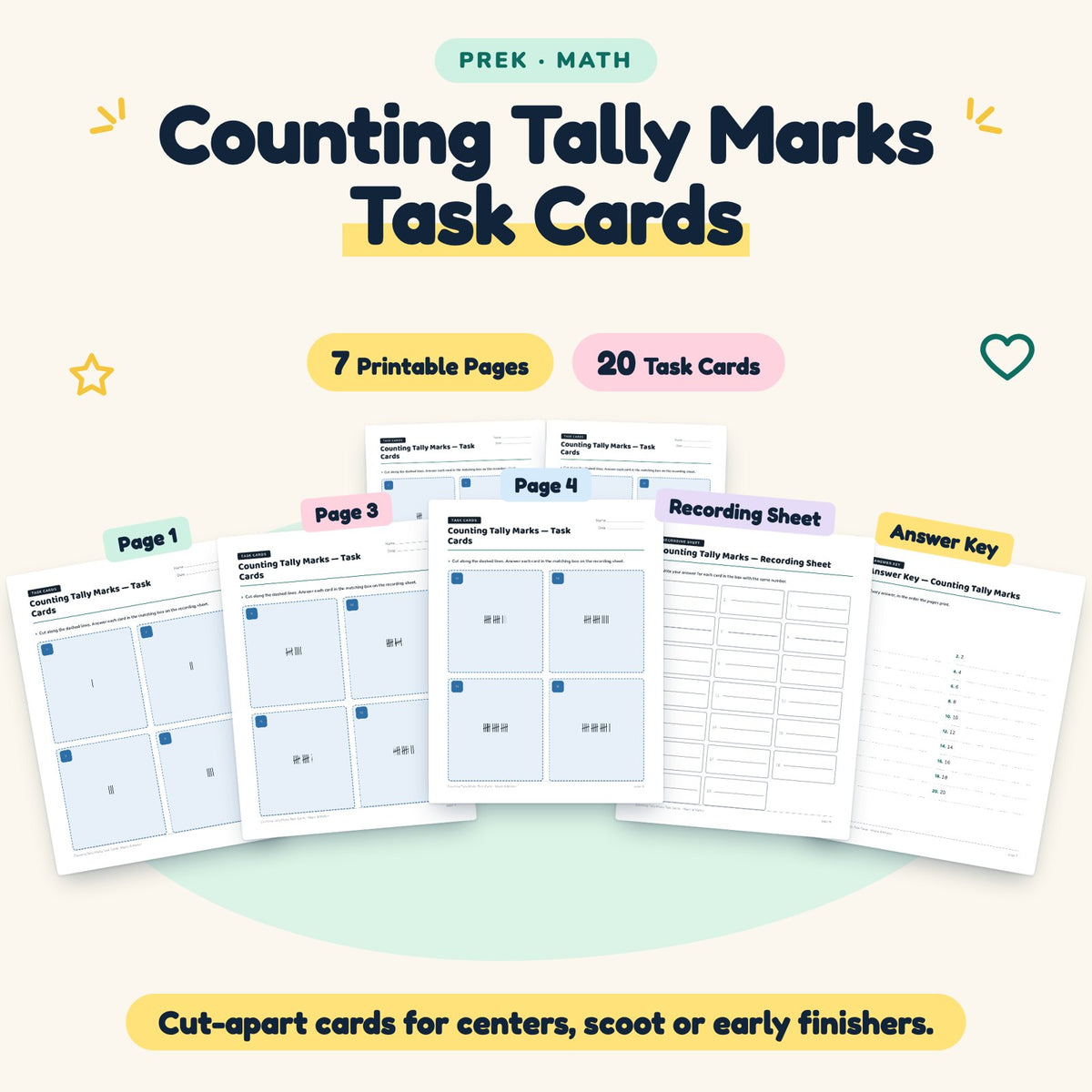 Counting Tally Marks Task Cards | Preschool Math (20 Cards) — cover