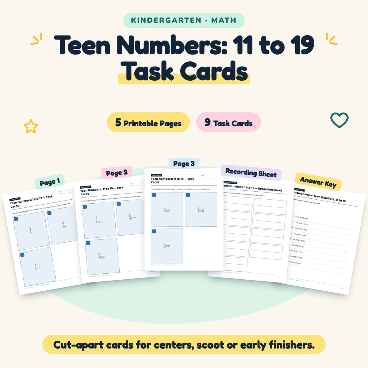 Teen Numbers: 11 to 19 Task Cards | Kindergarten (9 Cards) — cover