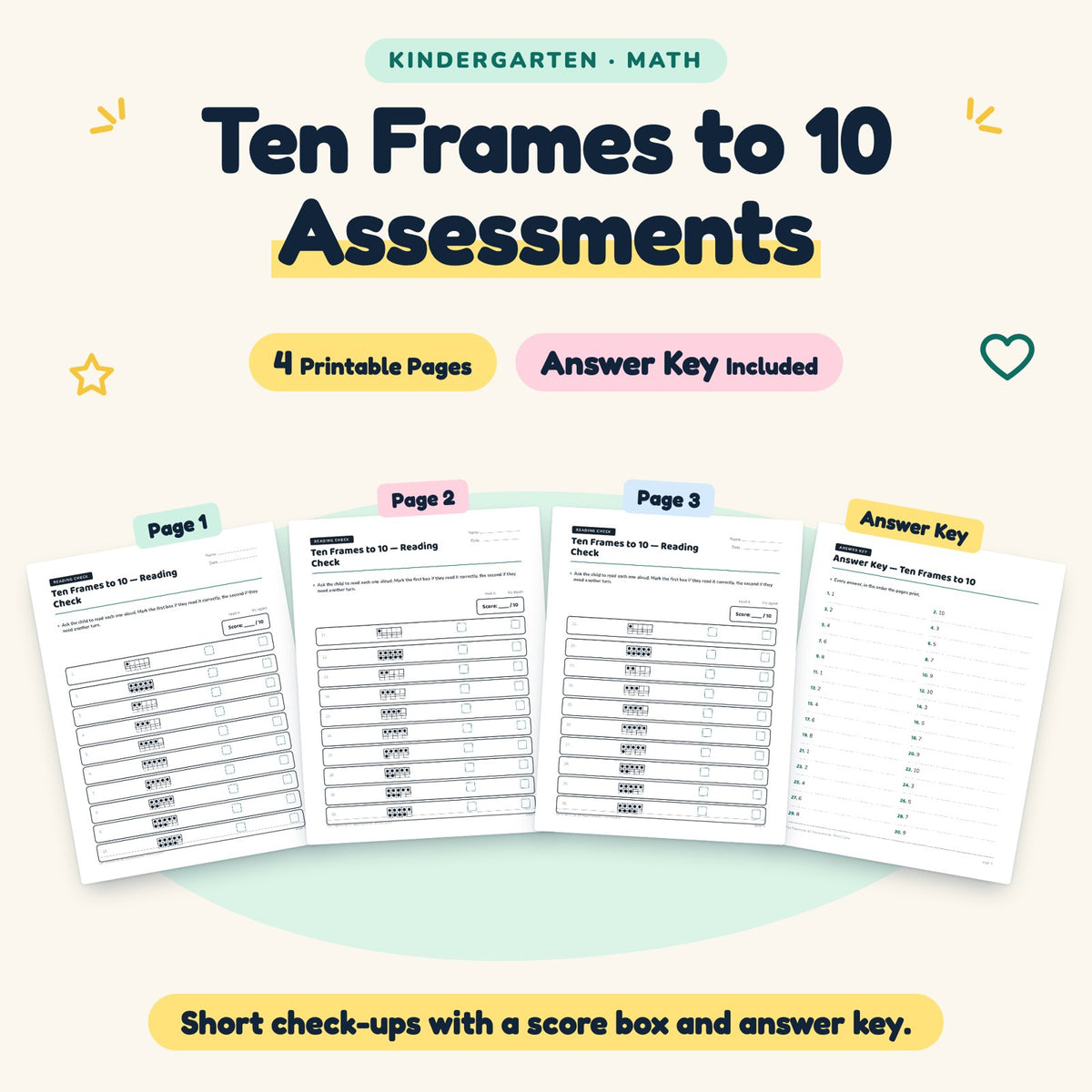 Ten Frames to 10 Assessments | Kindergarten Math (4 Pages) — cover