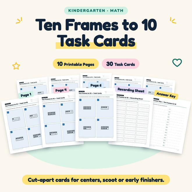 Ten Frames to 10 Task Cards | Kindergarten Math (30 Cards) — cover