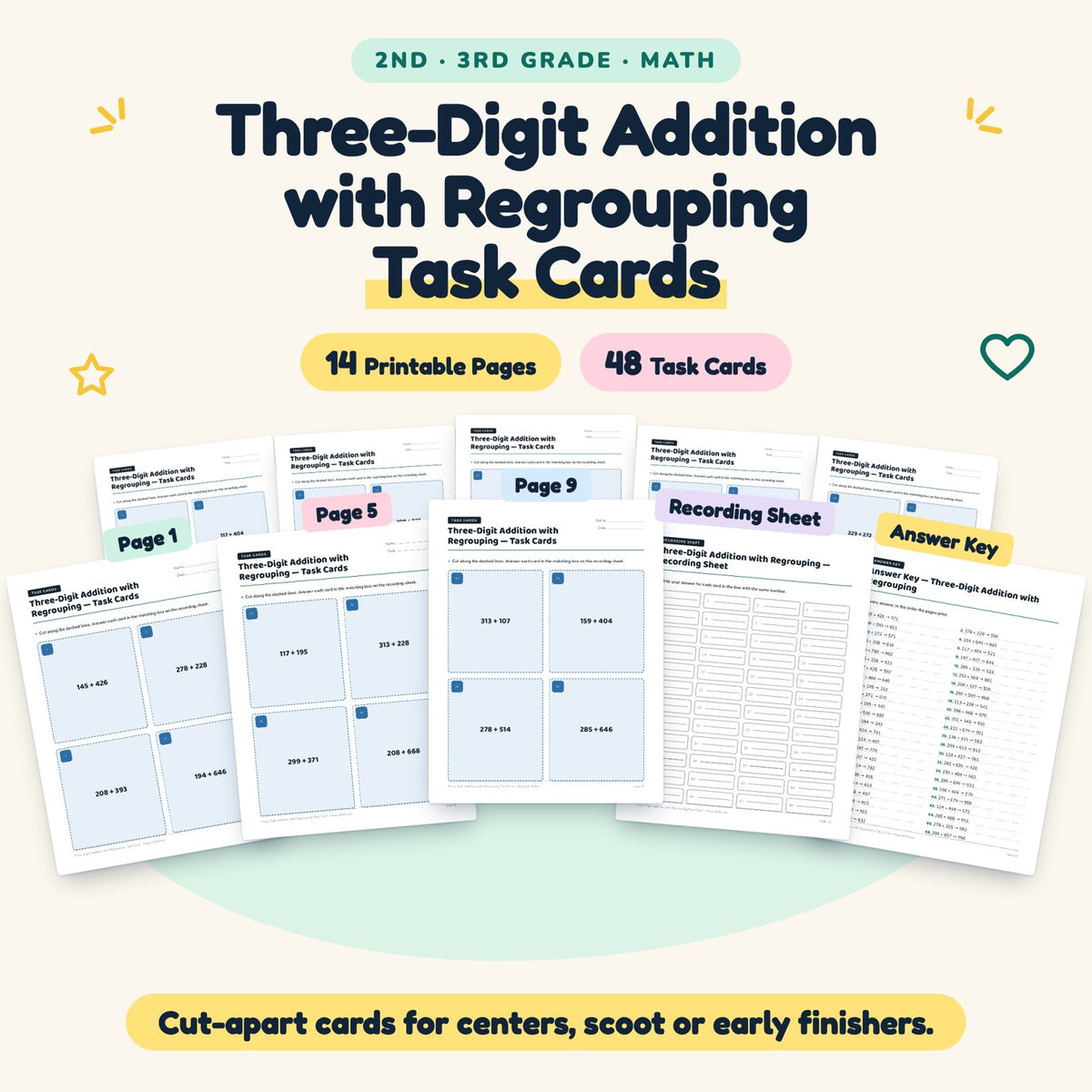 Three-Digit Addition with Regrouping Task Cards | 2nd–3rd Grade — cover