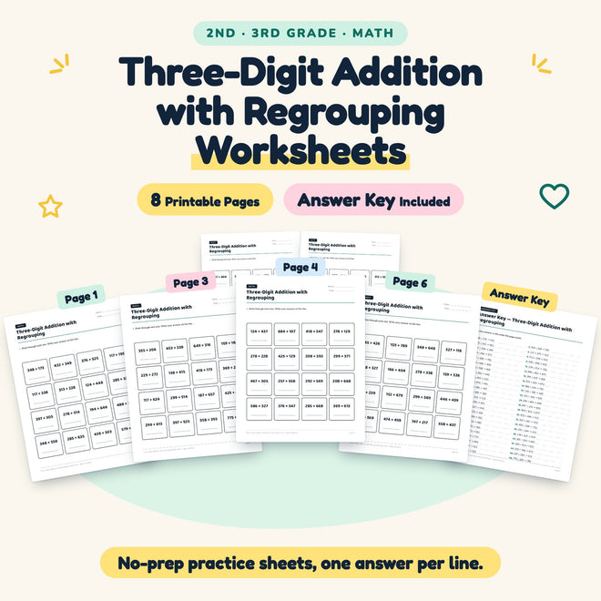 8 Three-Digit Addition with Regrouping Worksheets — cover