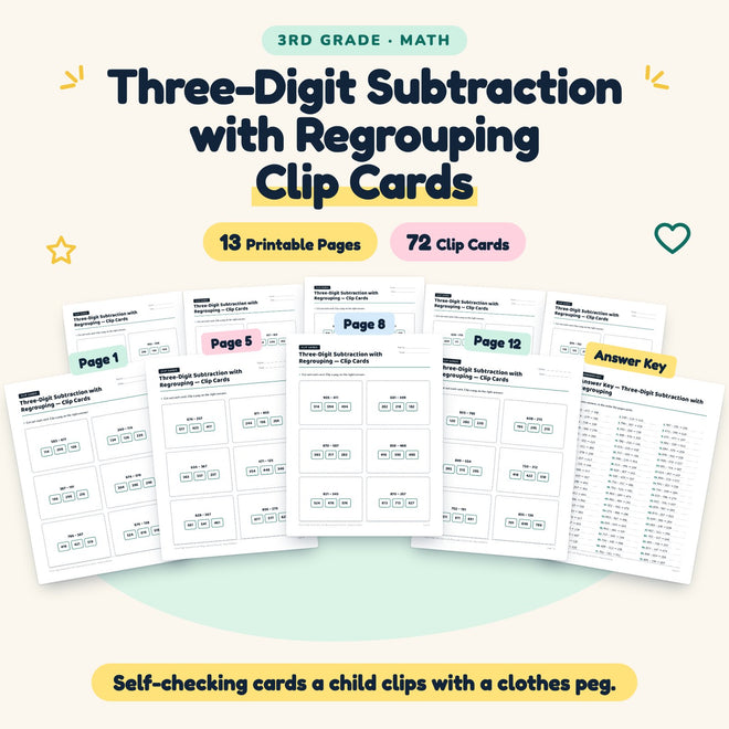 Three-Digit Subtraction with Regrouping Clip Cards | 3rd Grade — cover