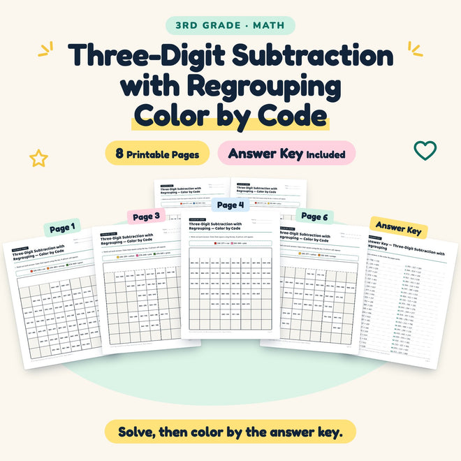 8 Three-Digit Subtraction with Regrouping Color by Code — cover