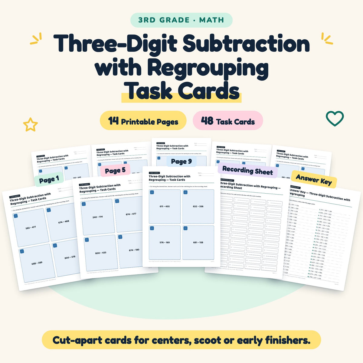 Three-Digit Subtraction with Regrouping Task Cards | 3rd Grade — cover