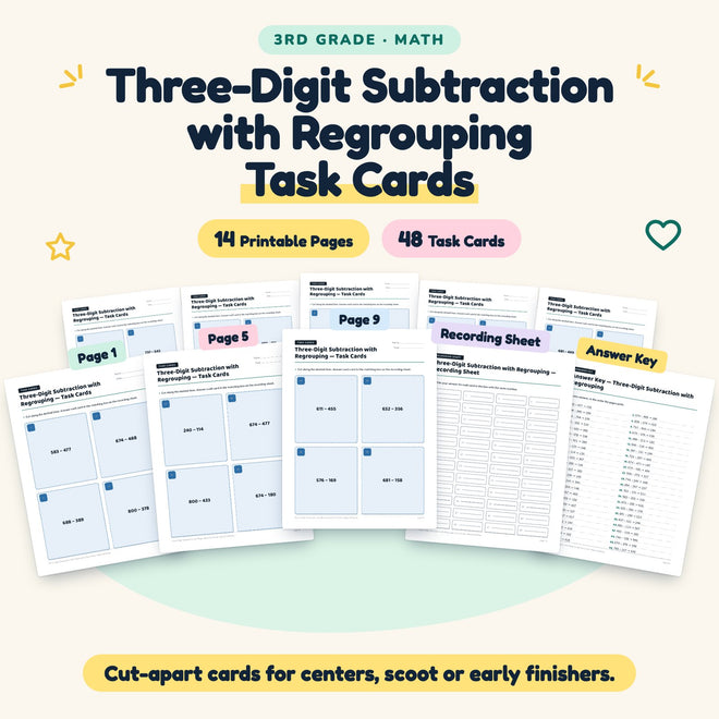 Three-Digit Subtraction with Regrouping Task Cards | 3rd Grade — cover