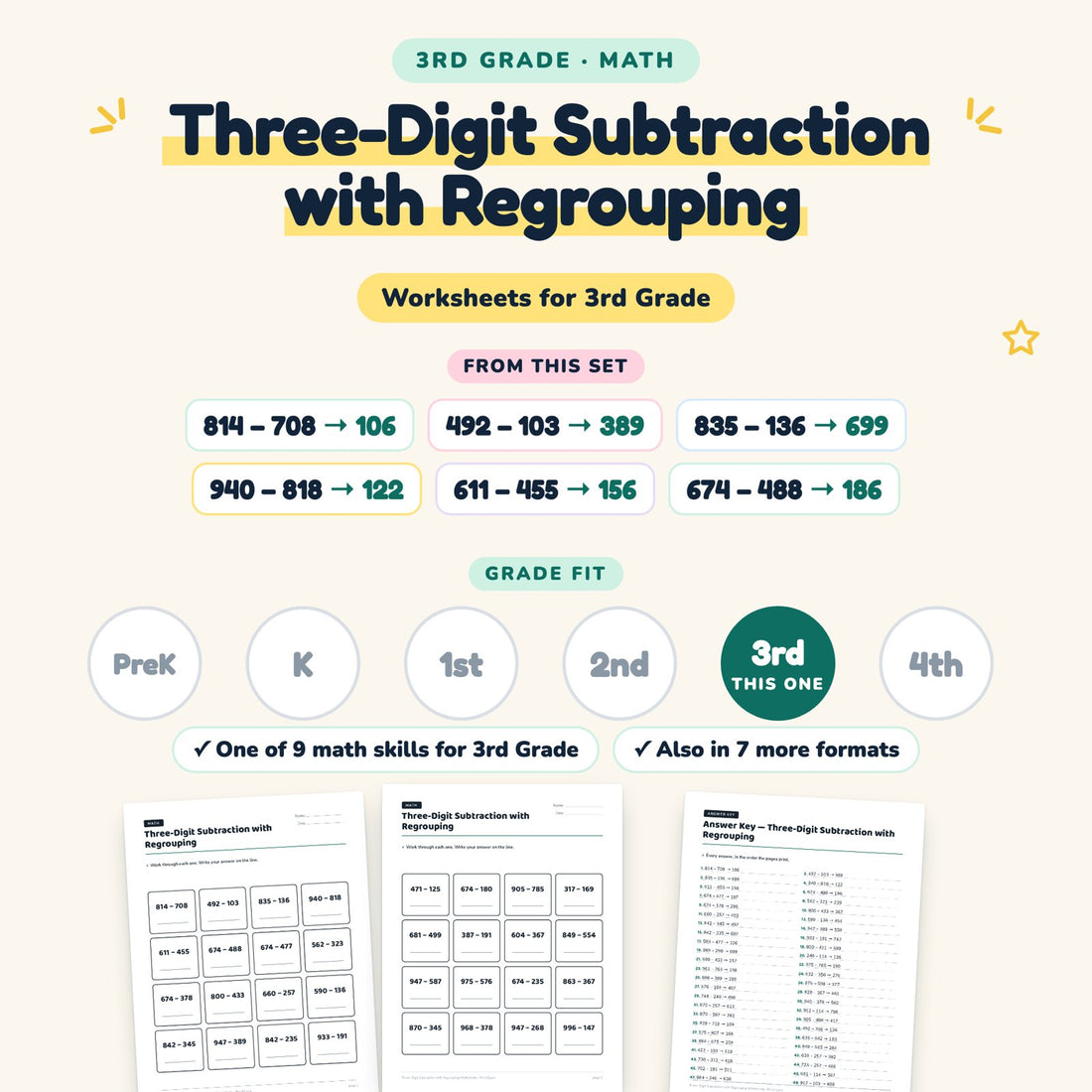 Three-Digit Subtraction with Regrouping: skill and grade fit