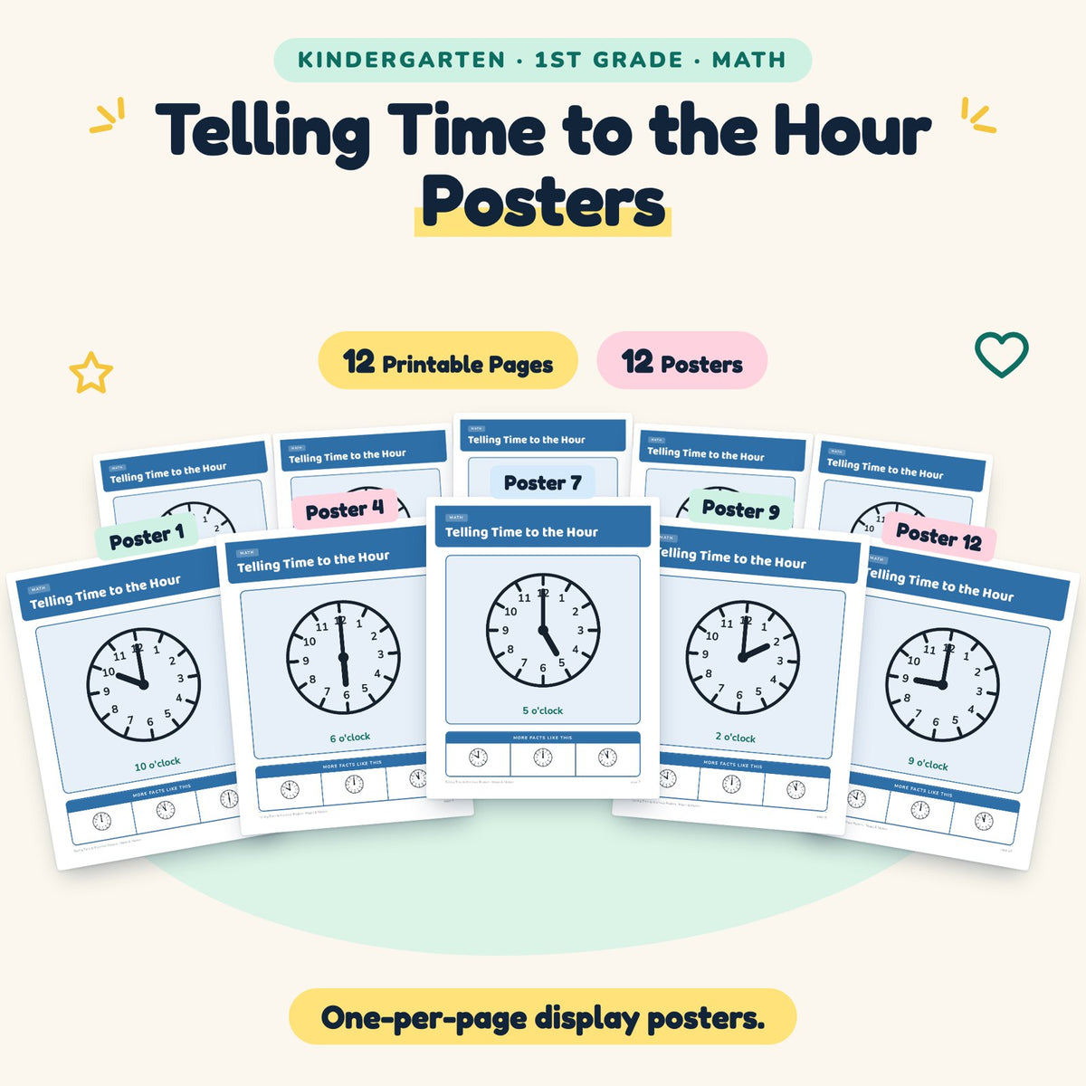 Telling Time to the Hour Posters | K–1st Grade (12 Posters) — cover