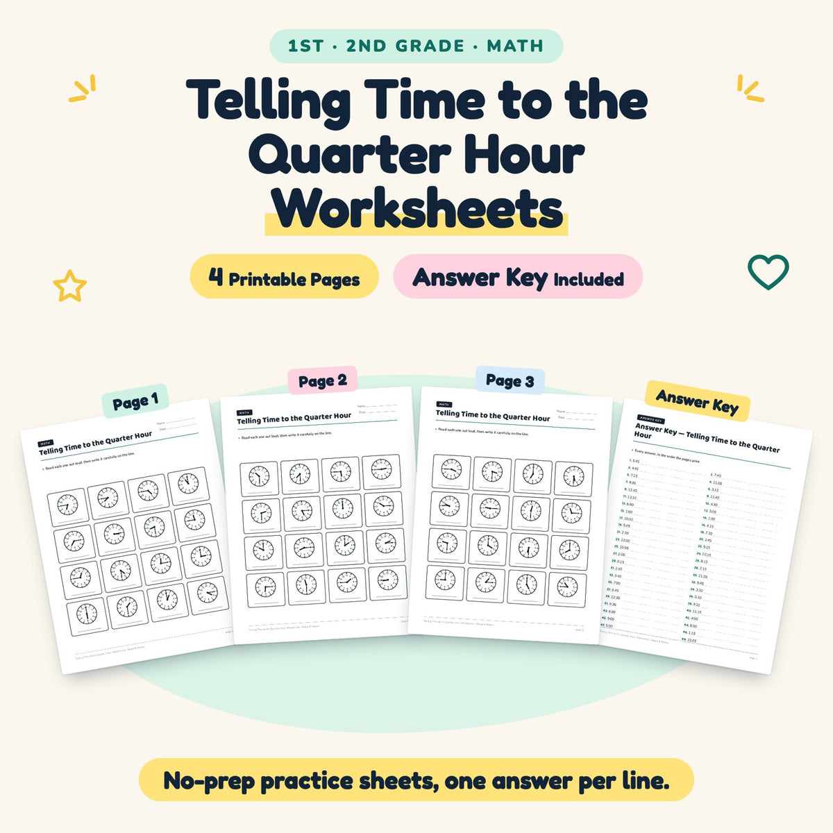 Telling Time to the Quarter Hour Worksheets | 1st–2nd Grade — cover