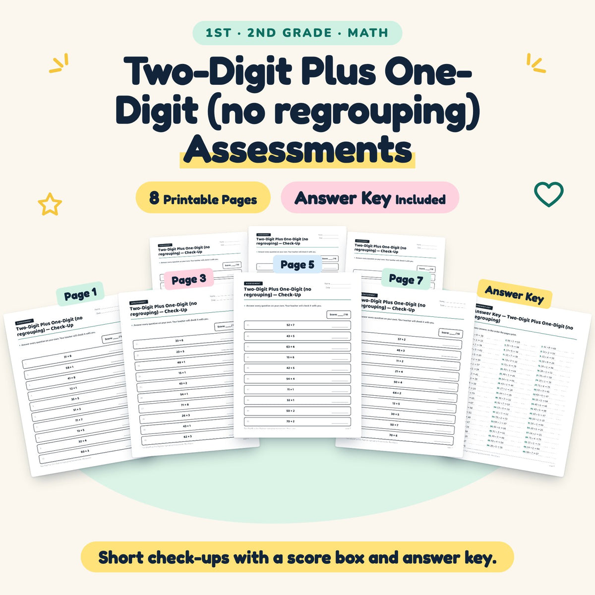 Two-Digit Plus One-Digit Assessments | 1st–2nd Grade Math — cover