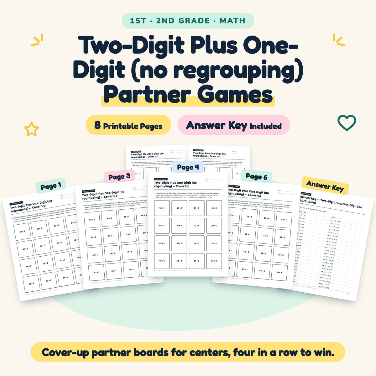 Two-Digit Plus One-Digit Partner Games | 1st–2nd Grade Math — cover