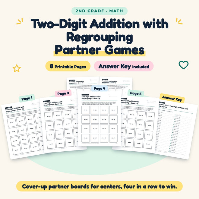8 Two-Digit Addition with Regrouping Partner Games — cover