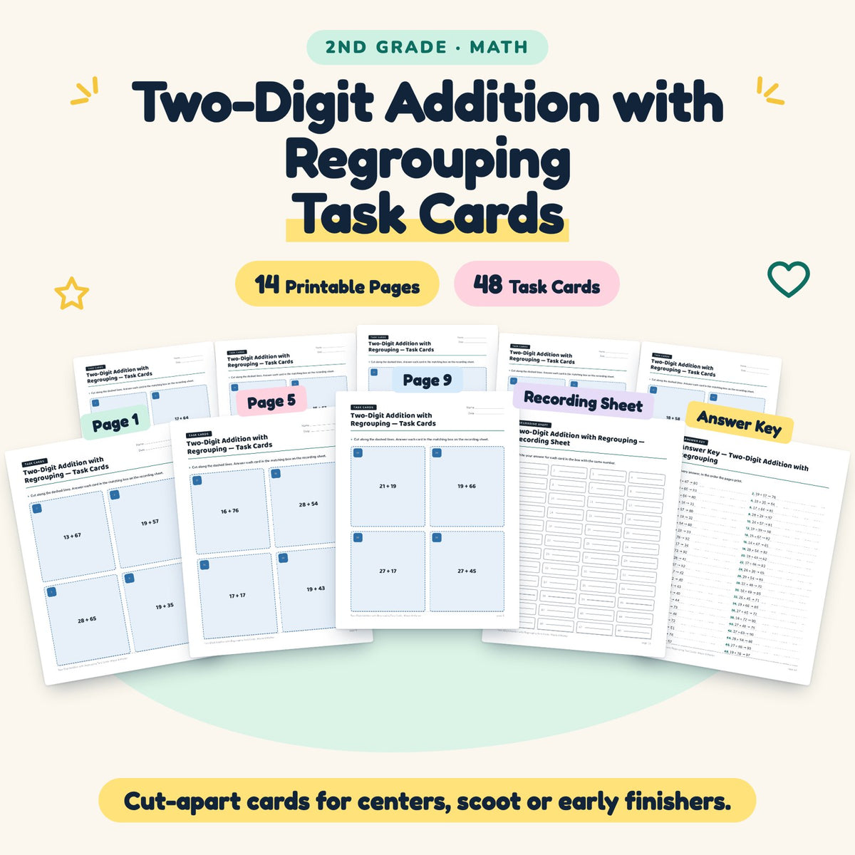 Two-Digit Addition with Regrouping Task Cards | 2nd Grade — cover
