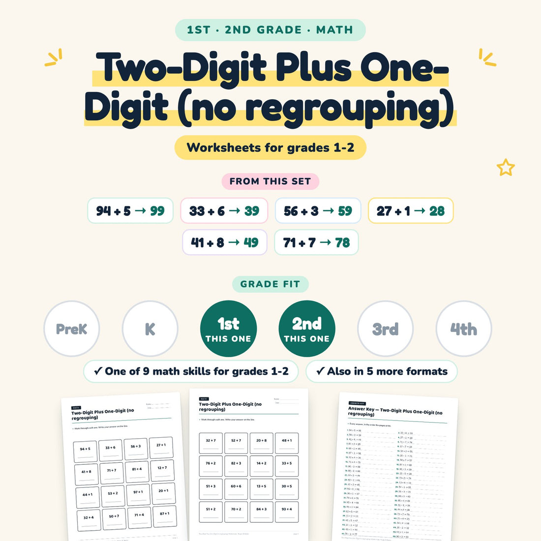 Two-Digit Plus One-Digit (no regrouping): skill and grade fit