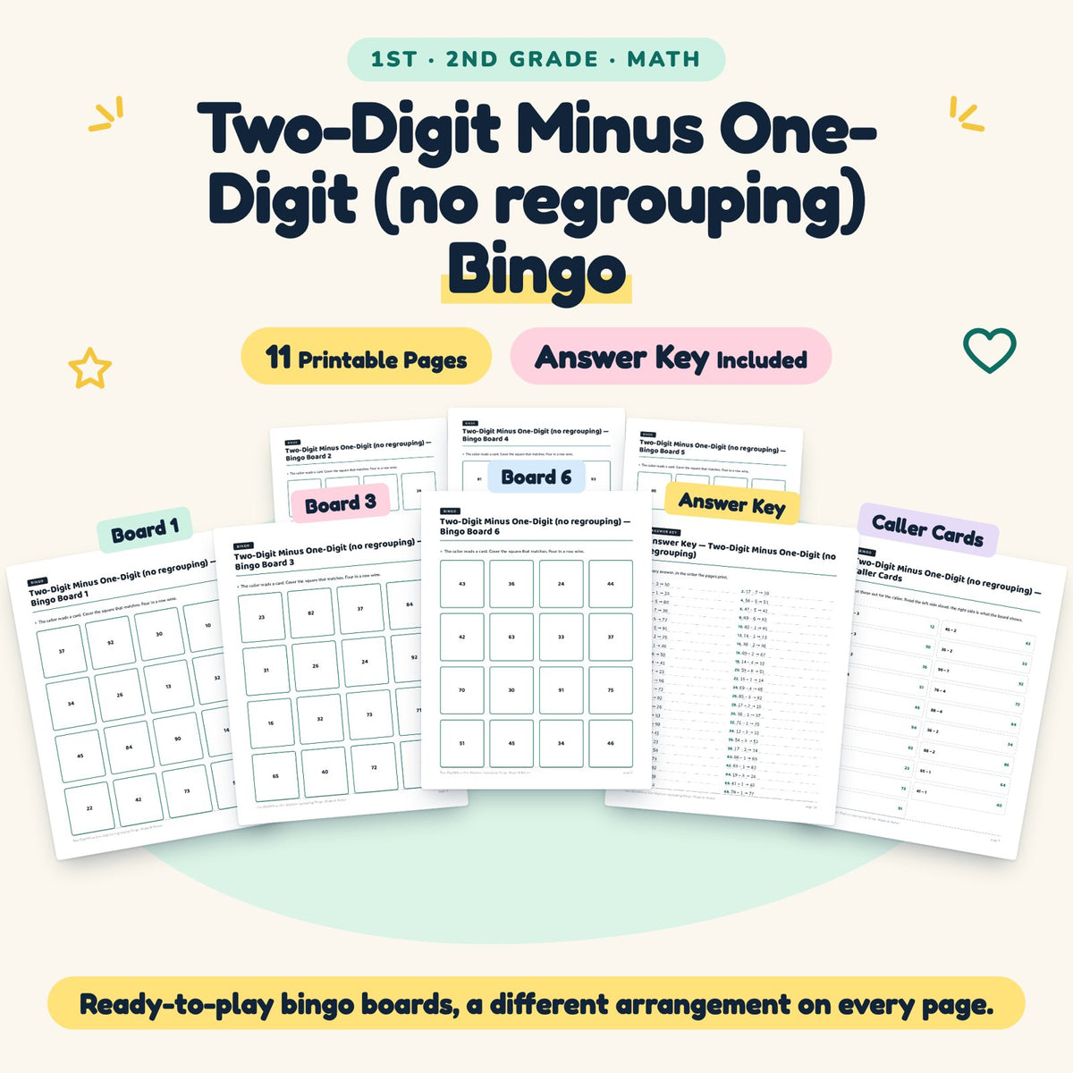 Two-Digit Minus One-Digit Bingo | 1st–2nd Grade (6 Pages) — cover
