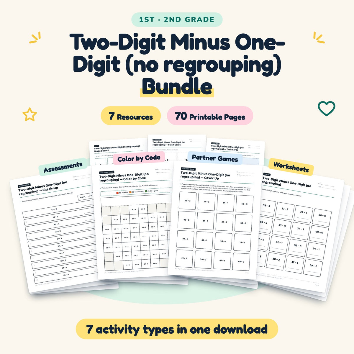 Two-Digit Minus One-Digit Bundle | 1st–2nd Grade Math — cover
