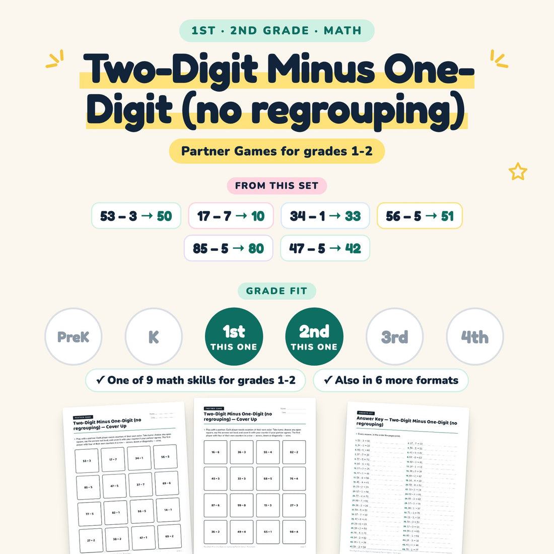 Two-Digit Minus One-Digit (no regrouping): skill and grade fit