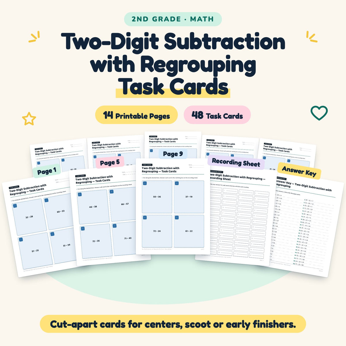 Two-Digit Subtraction with Regrouping Task Cards | 2nd Grade — cover