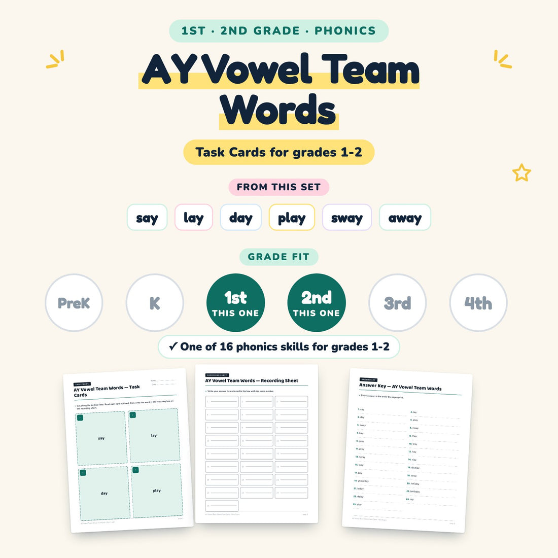 AY Vowel Team Words: skill and grade fit