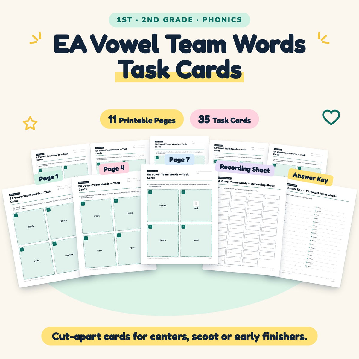 EA Vowel Team Words Task Cards | 1st–2nd Grade (10 Cards) — cover