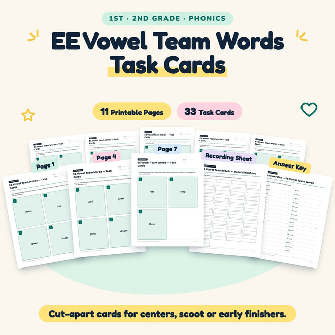 EE Vowel Team Words Task Cards | 1st–2nd Grade (10 Cards) — cover