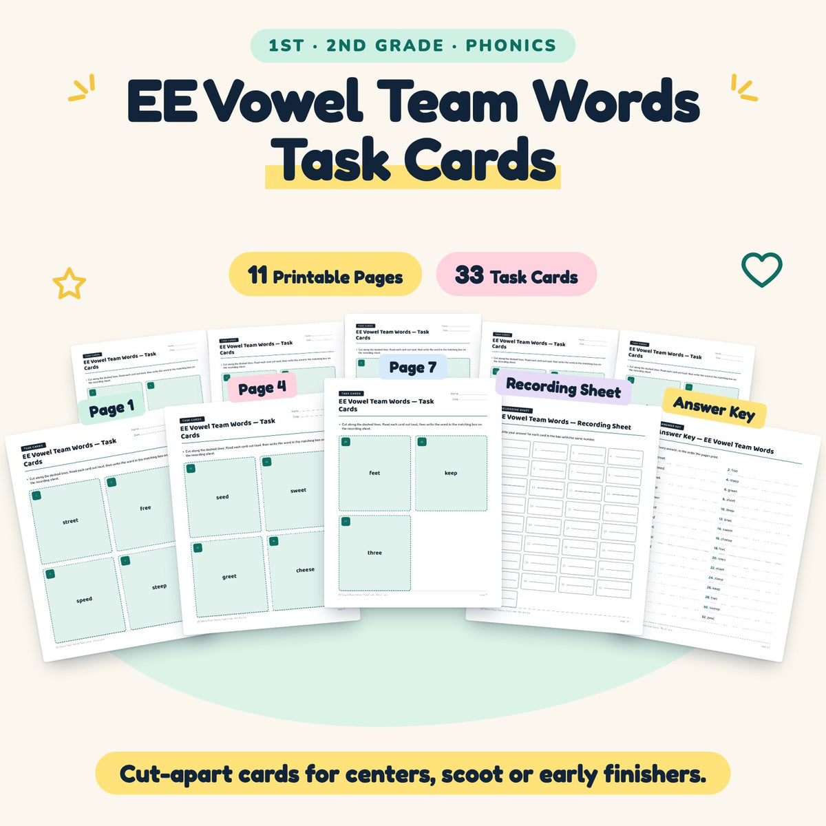 EE Vowel Team Words Task Cards | 1st–2nd Grade (10 Cards) — cover