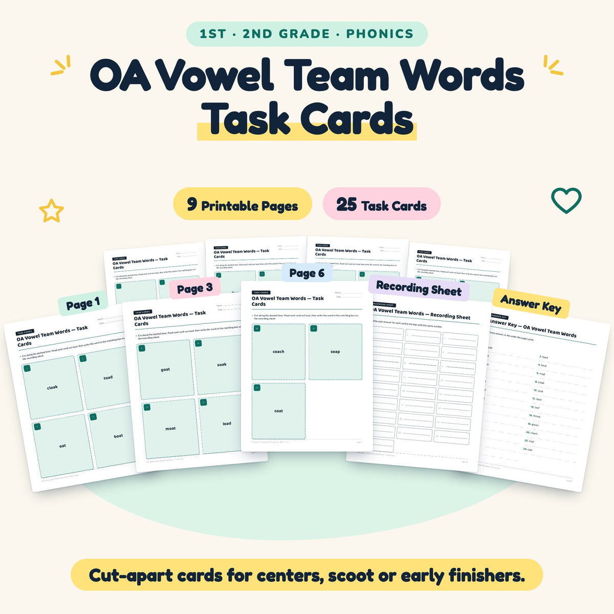 OA Vowel Team Words Task Cards | 1st–2nd Grade (10 Cards) — cover