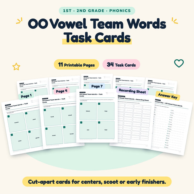 OO Vowel Team Words Task Cards | 1st–2nd Grade (10 Cards) — cover