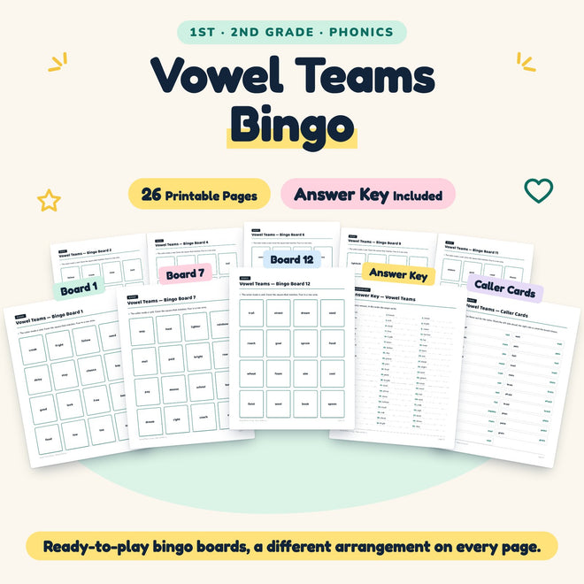 Vowel Teams Bingo | 1st–2nd Grade Phonics (11 Pages) — cover