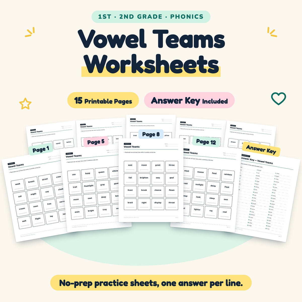 Vowel Teams Worksheets | 1st–2nd Grade Phonics (7 Pages) — cover