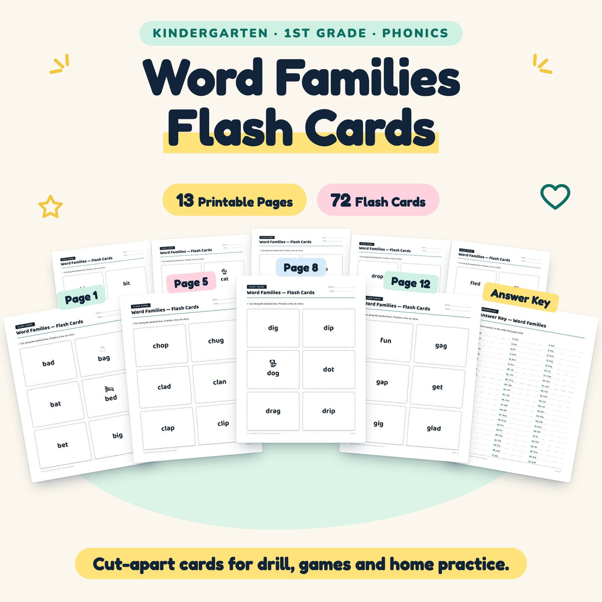 Word Families Flash Cards | K–1st Grade Phonics (72 Cards) — cover