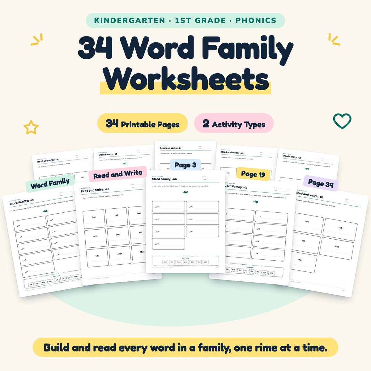 CVC Word Families Worksheets | K–1st Grade (34 Pages) — cover