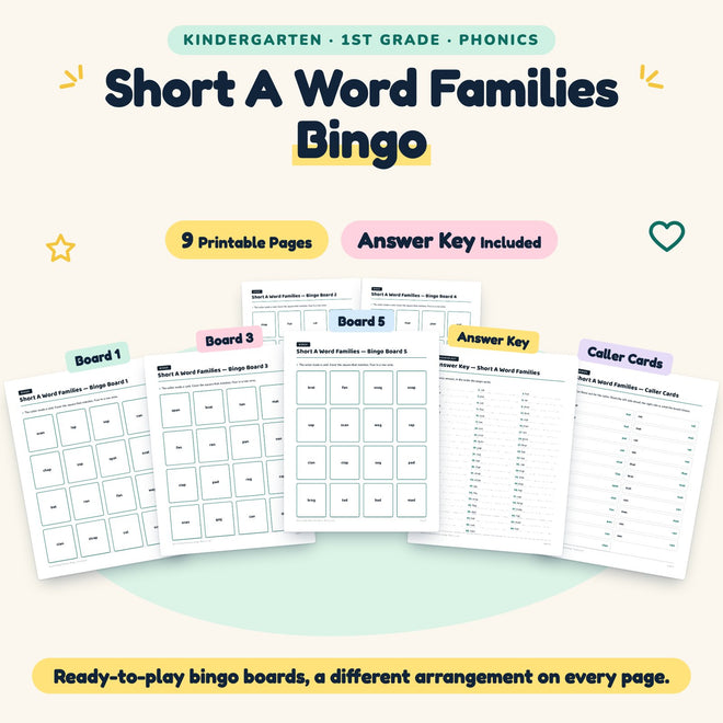 Short A Word Families Bingo | K–1st Grade Phonics (5 Pages) — cover