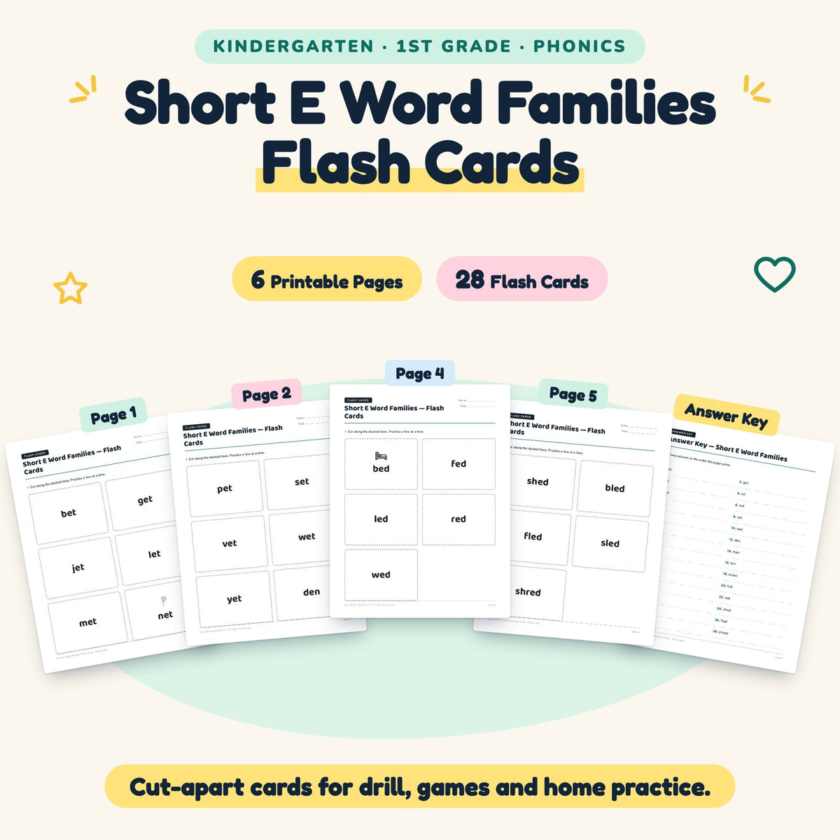 Short E Word Families Flash Cards | K–1st Grade (18 Cards) — cover
