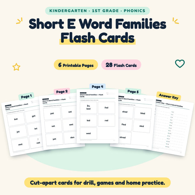 Short E Word Families Flash Cards | K–1st Grade (18 Cards) — cover