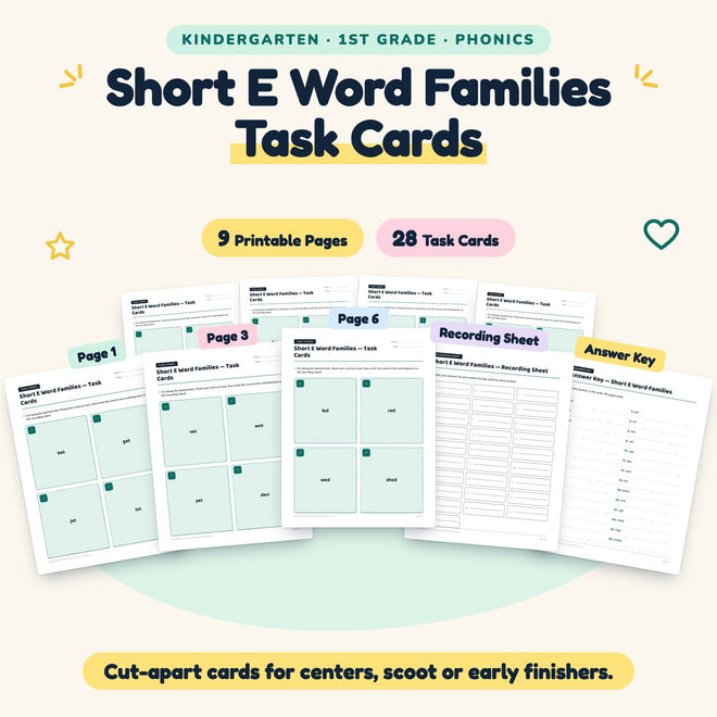 Short E Word Families Task Cards | K–1st Grade (18 Cards) — cover