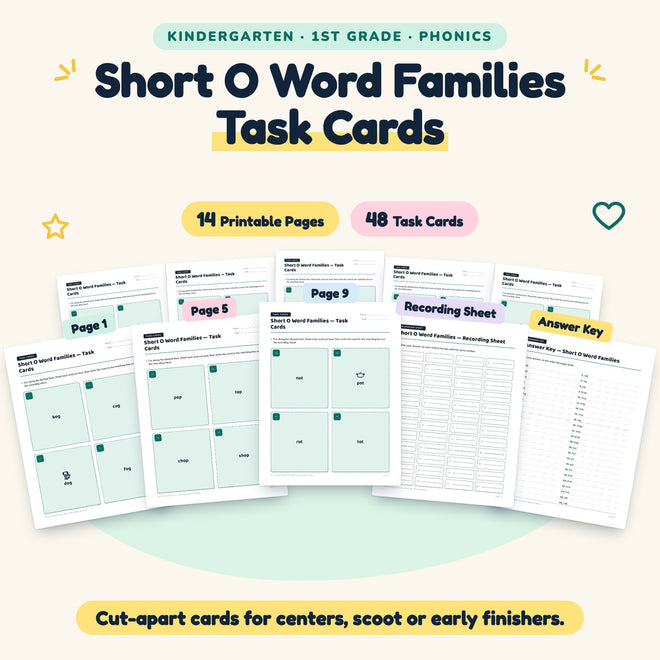 Short O Word Families Task Cards | K–1st Grade (21 Cards) — cover