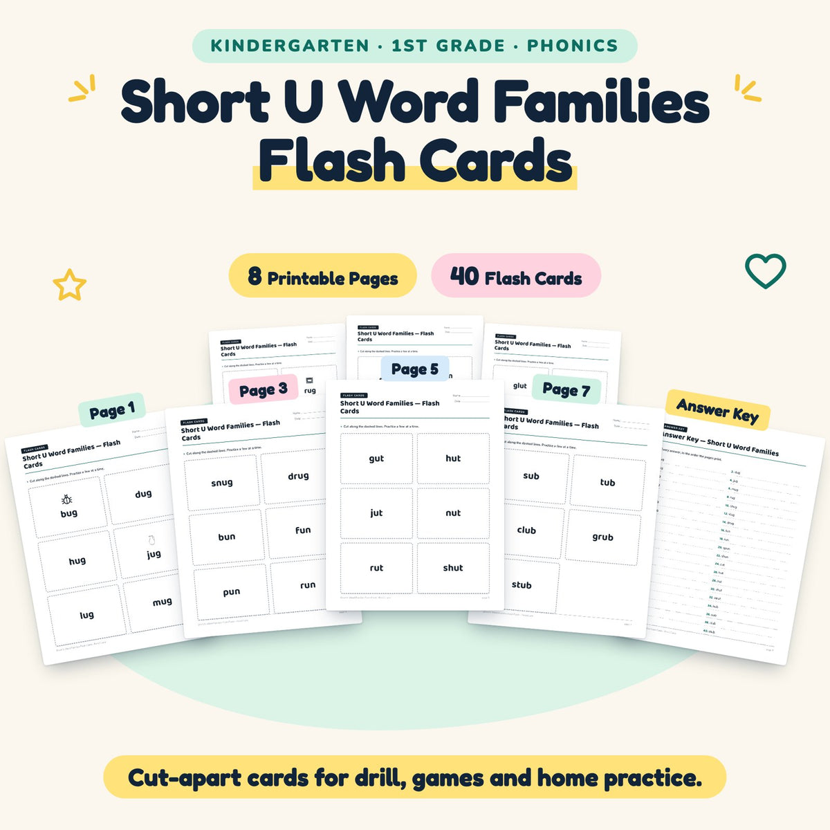 Short U Word Families Flash Cards | K–1st Grade (15 Cards) — cover
