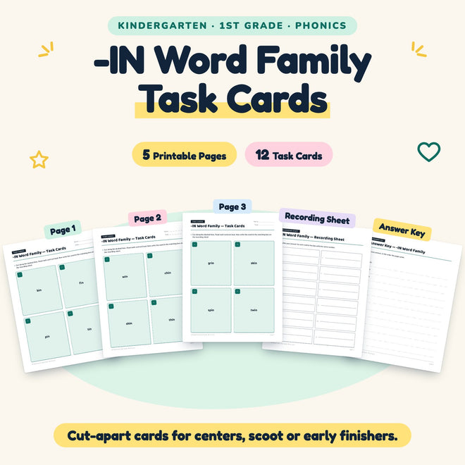 -IN Word Family Task Cards | K–1st Grade Phonics (8 Cards) — cover